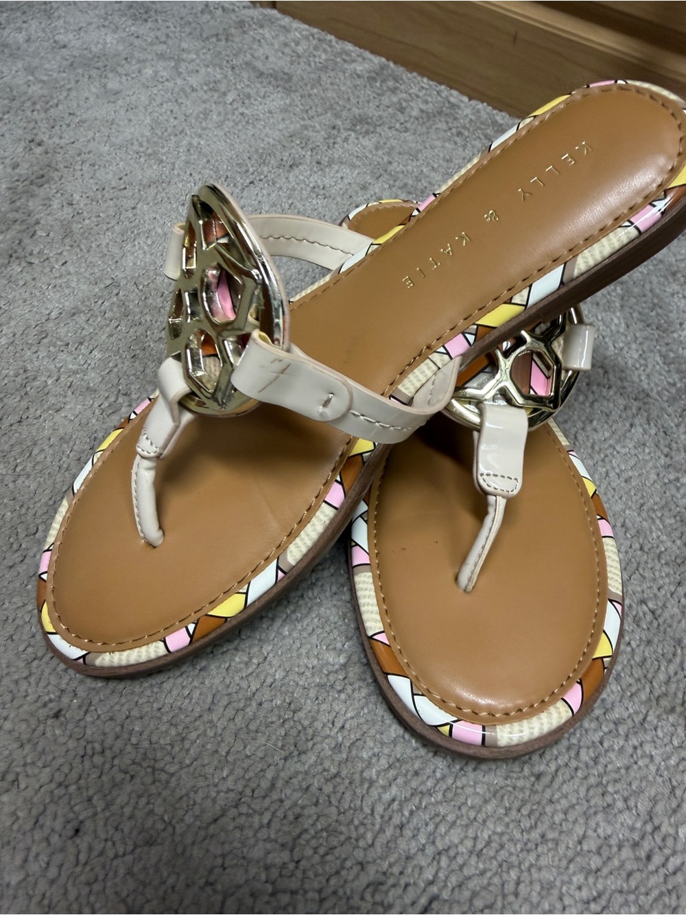Kelly & Katie Cream Thong Sandals with Pink and Yellow Trim